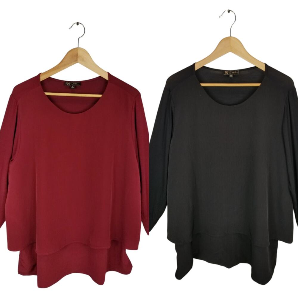 DG2 by Diane Gilman Lot of 2 Layered Front Long Sleeve Blouses Burgundy Black XL